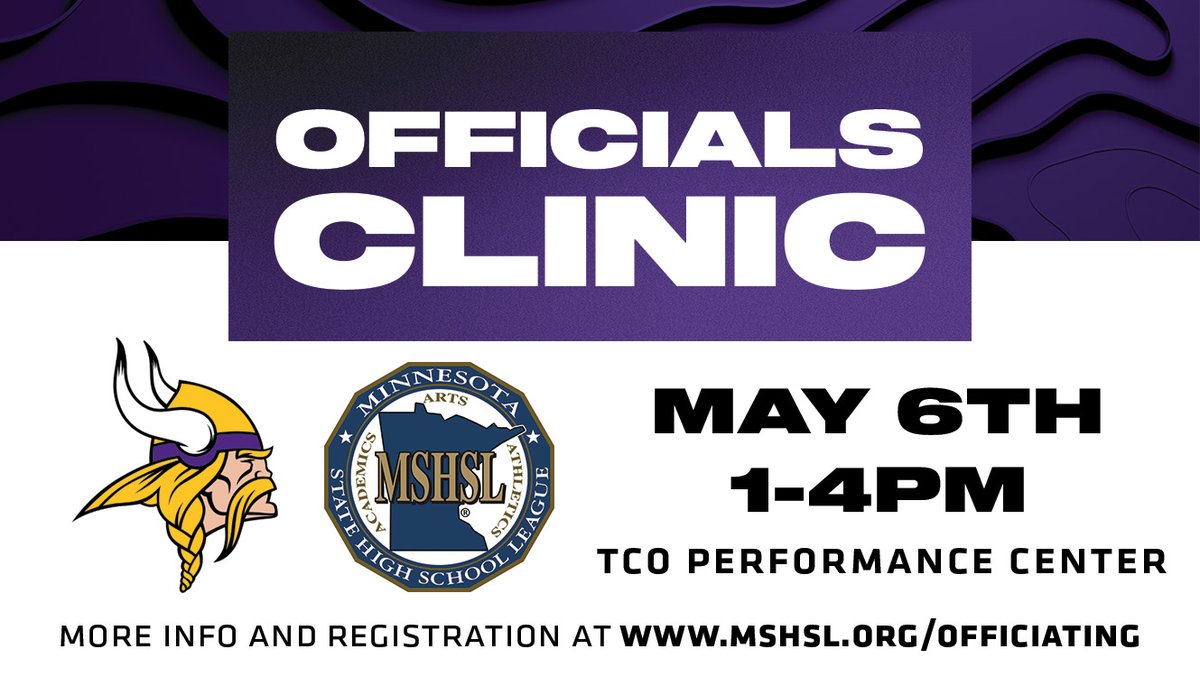 The Vikings and the MSHSL are excited to sponsor an officiating clinic for new and newer football officials.

Registration is filling quickly!  

New—Officials Apparel supplier Smitty will be providing 3 $50 gift certificates in a drawing!  

<a href="/Vikings/">Minnesota Vikings</a> <a href="/mfca_now/">MFCA-The Keepers of the Game</a> <a href="/MSHSL_Officials/">MSHSL Officiating</a>