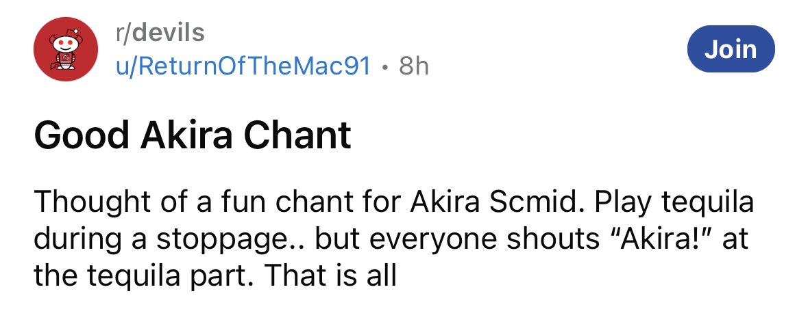 wyshynski's tweet photo. Kudos to this fan on the @NJDevils Reddit for figuring it out. The chants sounded like “Veeeee” for Vitek in Game 5.

Akira chant, going forward. https://t.co/loVW0cVEIu