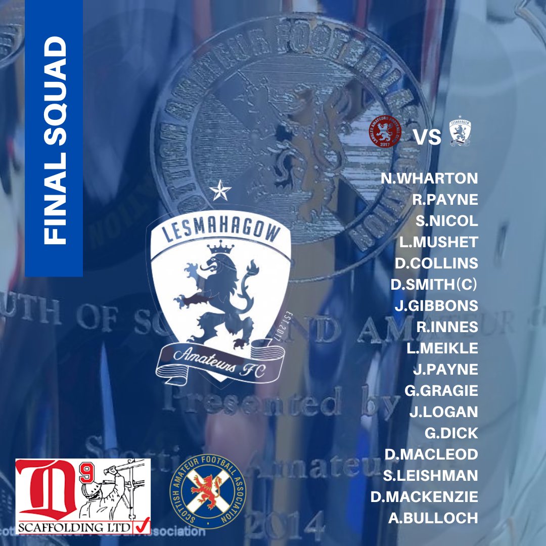 South of Scotland Amateur Cup (@southcupsafa) on Twitter photo 🚨 𝙎𝙌𝙐𝘼𝘿 𝙉𝙀𝙒𝙎 🚨
<a href="/LesmahagowAfc/">Lesmahagow AFC</a> Squad for the South of Scotland Amateur Cup Final 2023!🔥
#SouthCup 🏆
<a href="/ScotAmFA/">Scottish Amateur FA</a> <a href="/LangleeAms/">Langlee Amateurs Football Club</a> <a href="/BorderAm/">BorderAm</a> <a href="/csaflofficial/">Central Scottish AFL</a> <a href="/LesmahagowAfc/">Lesmahagow AFC</a> 🚨 𝙎𝙌𝙐𝘼𝘿 𝙉𝙀𝙒𝙎 🚨
<a href="/LesmahagowAfc/">Lesmahagow AFC</a> Squad for the South of Scotland Amateur Cup Final 2023!🔥
#SouthCup 🏆
<a href="/ScotAmFA/">Scottish Amateur FA</a> <a href="/LangleeAms/">Langlee Amateurs Football Club</a> <a href="/BorderAm/">BorderAm</a> <a href="/csaflofficial/">Central Scottish AFL</a> <a href="/LesmahagowAfc/">Lesmahagow AFC</a>