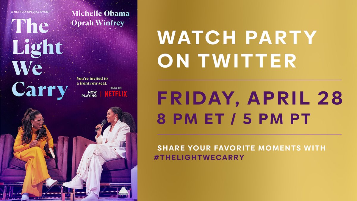 MichelleObama's tweet photo. Join me in watching The Light We Carry right now on @Netflix! I can't wait to hear from all of you – make sure to use #TheLightWeCarry in your tweets! https://t.co/t3OAorP6je
