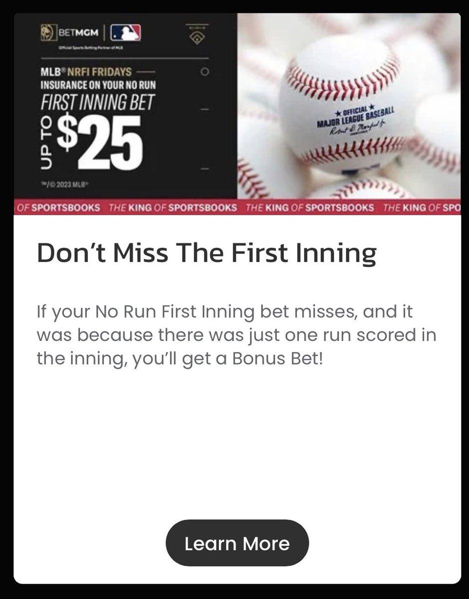 Mass_Bets's tweet photo. 🦁MGM NRFI Friday Promo:
Going with the Rays/White Sox YRFI +100
This is -116 on Pinnacle and -120 Circa. +EV on its own and we get the insurance (insurance works for NRFIs and YRFIs)
Lmk if you’re tailing! ⬇️
#GamblingTwitter #NRFI #MLB #DFS #evtwitter #sportsbettingtwitter https://t.co/RieU3wfqmp