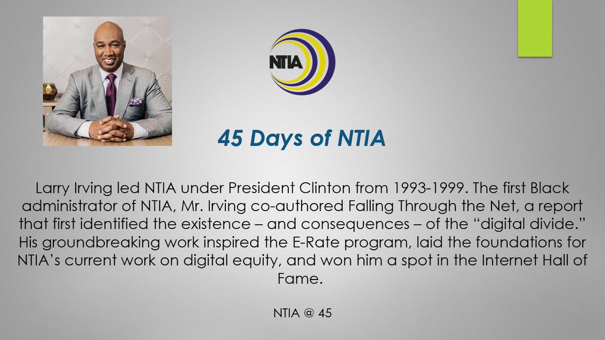 NTIAgov's tweet photo. Did You Know: A former NTIA Administrator coined the term “digital divide”?

Learn more about former Assistant Secretary of Commerce and NTIA Administrator Larry Irving in today’s #45DaysofNTIA Fact of the Day ⬇️ https://t.co/VC2sE7j2aq