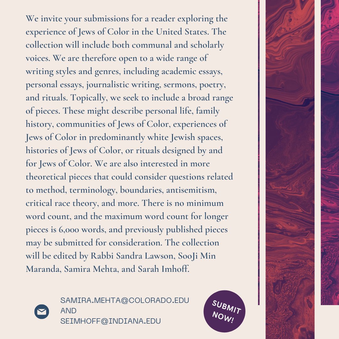 JewsofColorHF's tweet photo. ❗️Updated deadline for the #JewsOfColor in the US call for submissions ❗️
Send by May 31, 2023.
Notification of acceptance July 1, 2023.
Submit your proposals to:
@samirakmehta
@Prof_girlfriend
Learn more at
https://t.co/Gbjhe6S98F https://t.co/i9rMvfDJXw