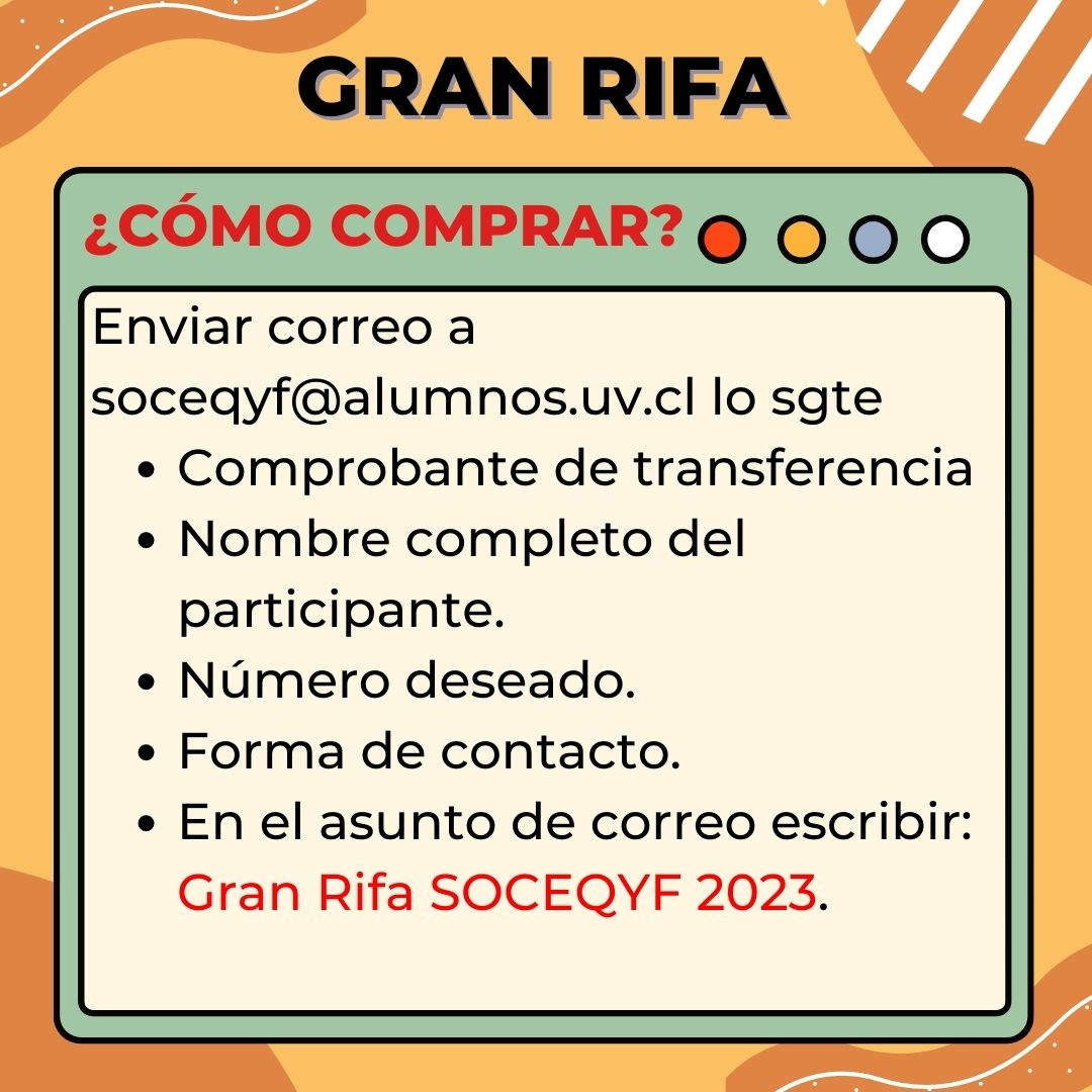 soceqyf's tweet photo. Como  SOCEQYF UV, queremos pedir apoyo en nuestra rifa solidaria. Buscamos financiar futuros proyectos.
La compra de un n° para nuestra rifa nos ayudará a alcanzar nuestros proyectos y también tendrá la oportunidad de ganar uno de nuestros increíbles premios. https://t.co/I65StMZyqK