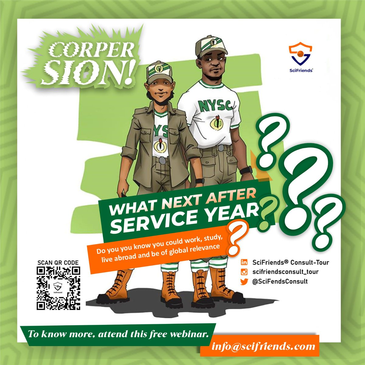 SciFendsConsult's tweet photo. Are you a corps member or an ex corper?
Do you know you could work, study, live abroad, and be of global relevance?

Attend this free webinar to know more today; 29th April 2023
Time: 7.00 PM WAT (1.00 PM UTC)

Join us via ZOOM
https://t.co/RX0VpjgbvW

#SciFriends #NYSC https://t.co/ulPEZuQgjo