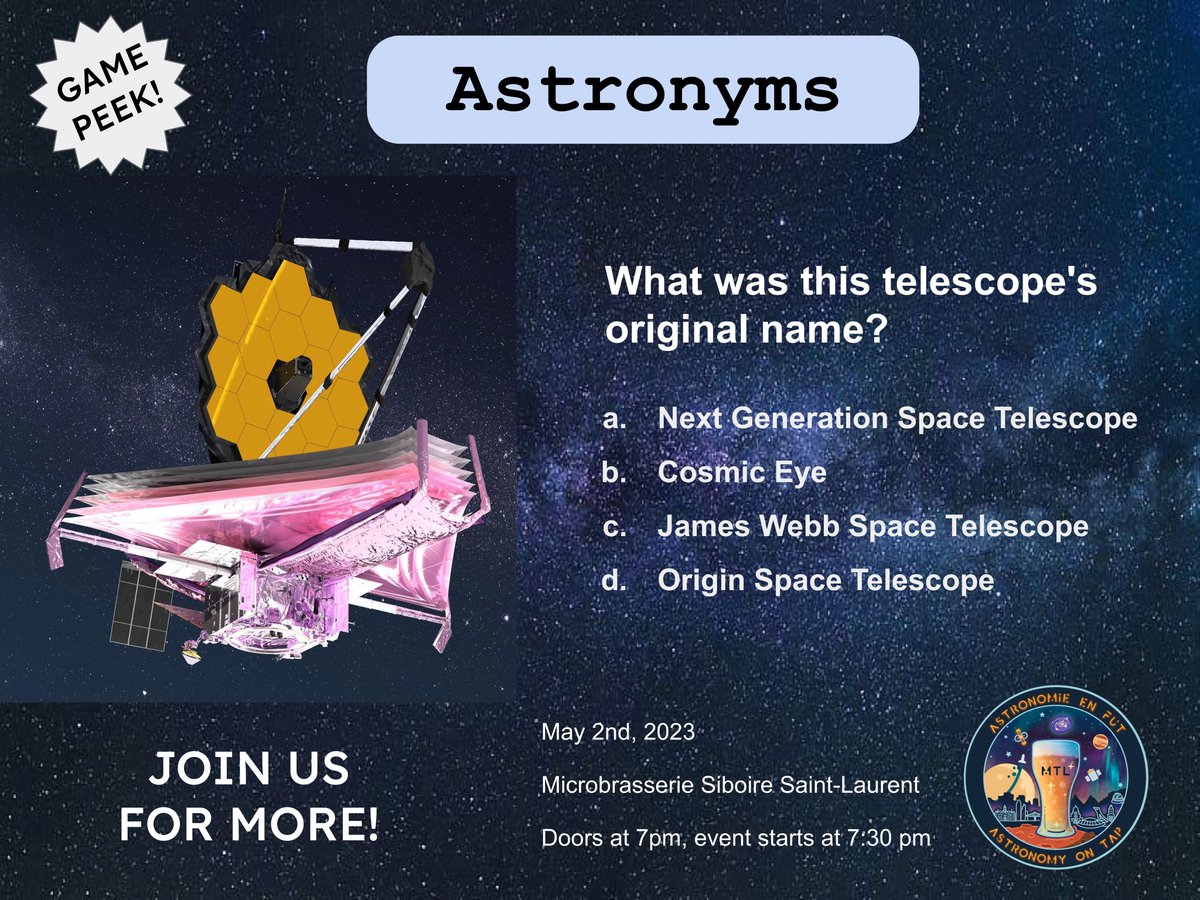 Astronomers LOVE acronyms – but how well do you know them?

Come play our Astronyms quiz next Tuesday (May 2nd), with prizes to win from our sponsors <a href="/startorialist/">STARtorialist</a> <a href="/EspacePourLaVie/">Espace pour la vie</a> and ASTROLab

#AstroOnTap #AoTMTL
<a href="/iExoplanets/">Institut Trottier de recherche sur les exoplanètes</a> <a href="/TSIMcGill/">Trottier Space Institute at McGill</a>