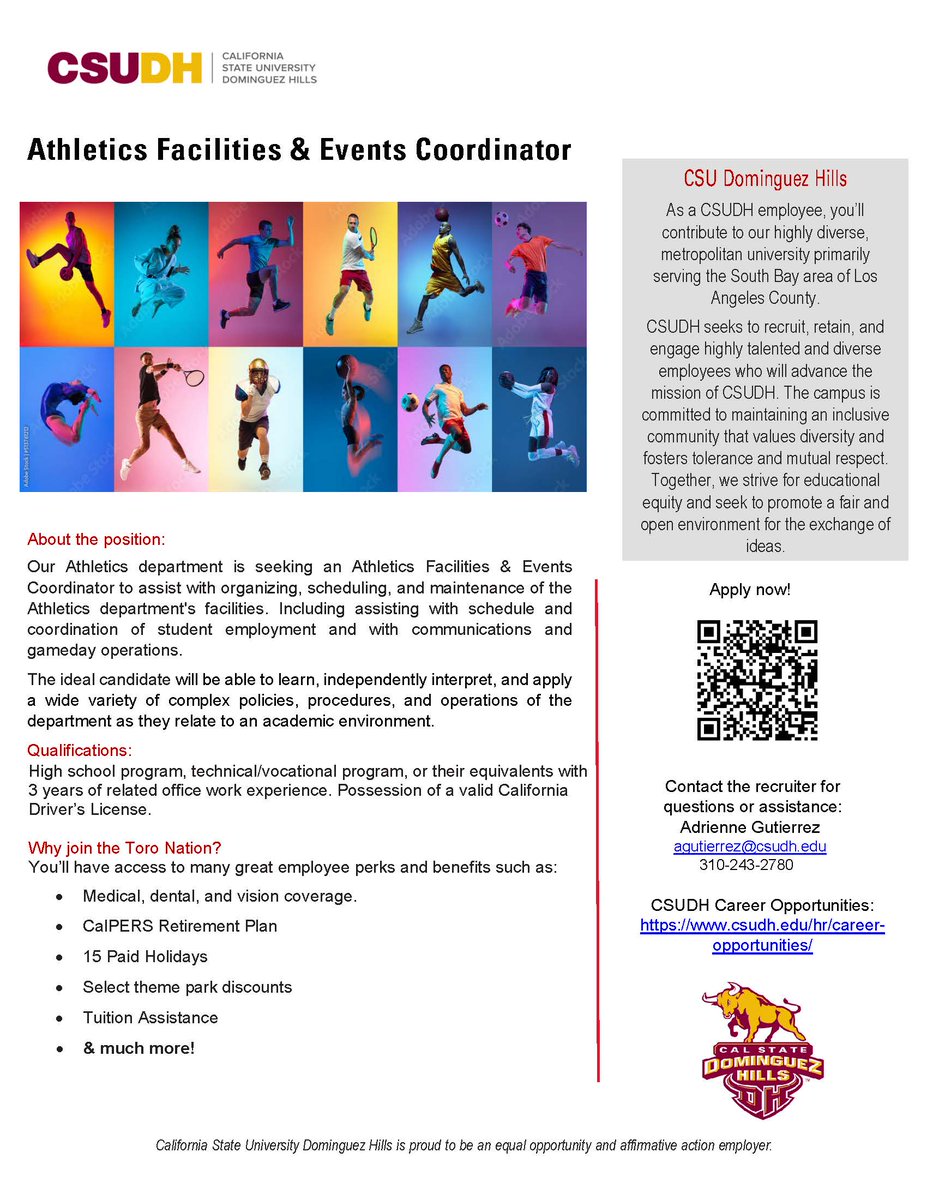 CSUDH__HR's tweet photo. We are hiring!

Our Athletics department is looking for an an Athletics Facilities &amp; Events Coordinator to assist with organizing, scheduling, and maintenance of the Athletics department's facilities.

Great employee perks &amp; benefits await!

Apply now: https://t.co/unnioqOm7f https://t.co/HjaLThEf0L