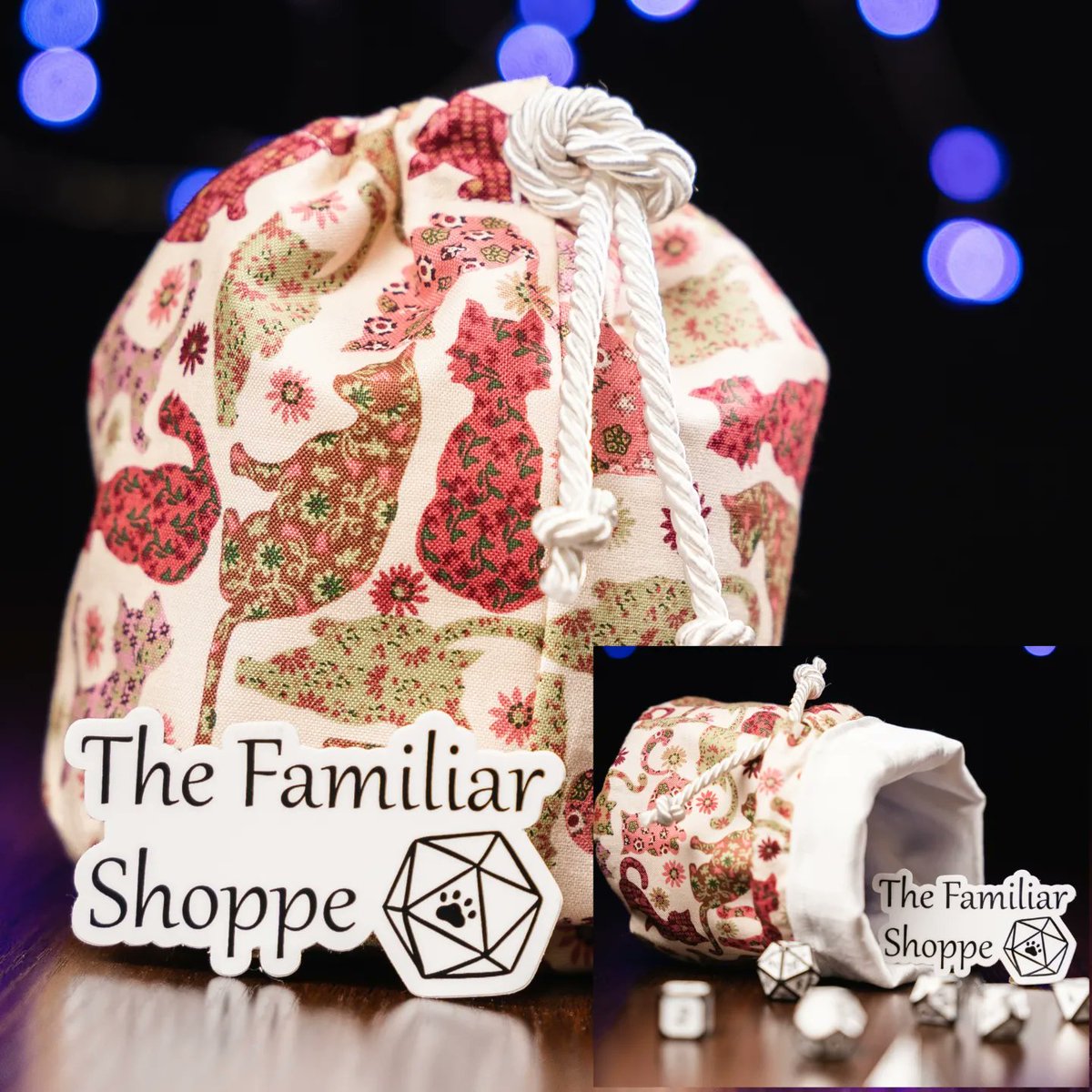 ShoppeFamiliar's tweet photo. Our Pink Cats Dice Bag is back in stock for the last time! This fabric has been discontinued, so get yours today while you still can #dungeonsanddragons #dicebag #dice #catbag #handmade https://t.co/Y1mclFcn3H