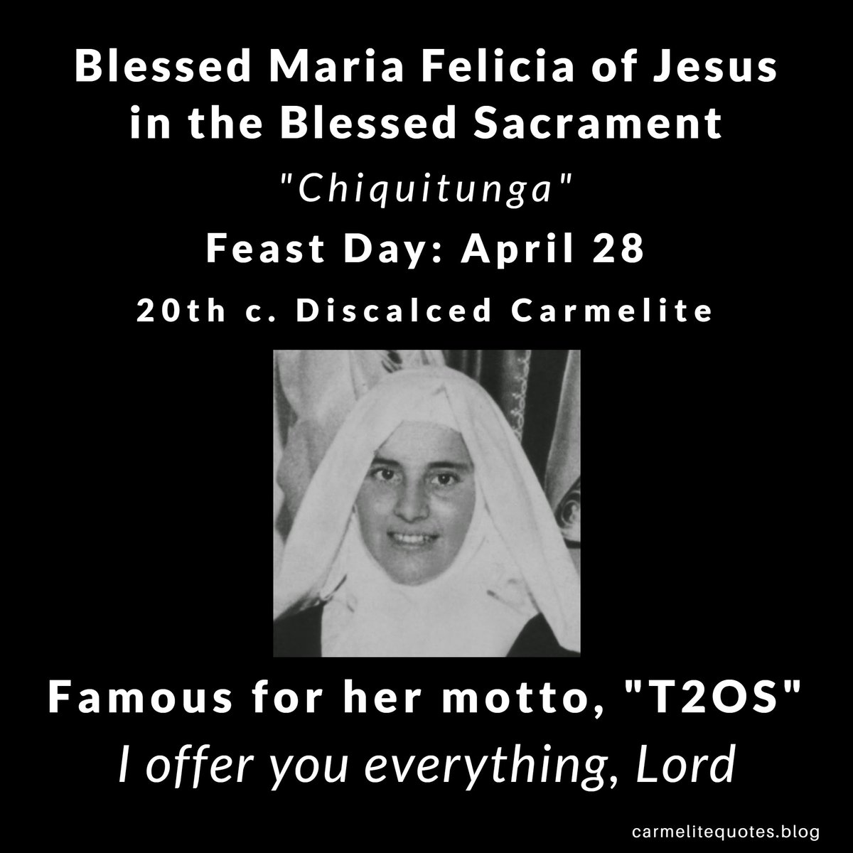 carmelitequotes's tweet photo. ¡Feliz día de la Beata #Chiquitunga de Paraguay! Happy Feast day of Blessed Chiquitunga of Paraguay!
#T2OS #Carmelite #feastday @causachiqui @chiquitunga_pl https://t.co/vjGn9aH1NY