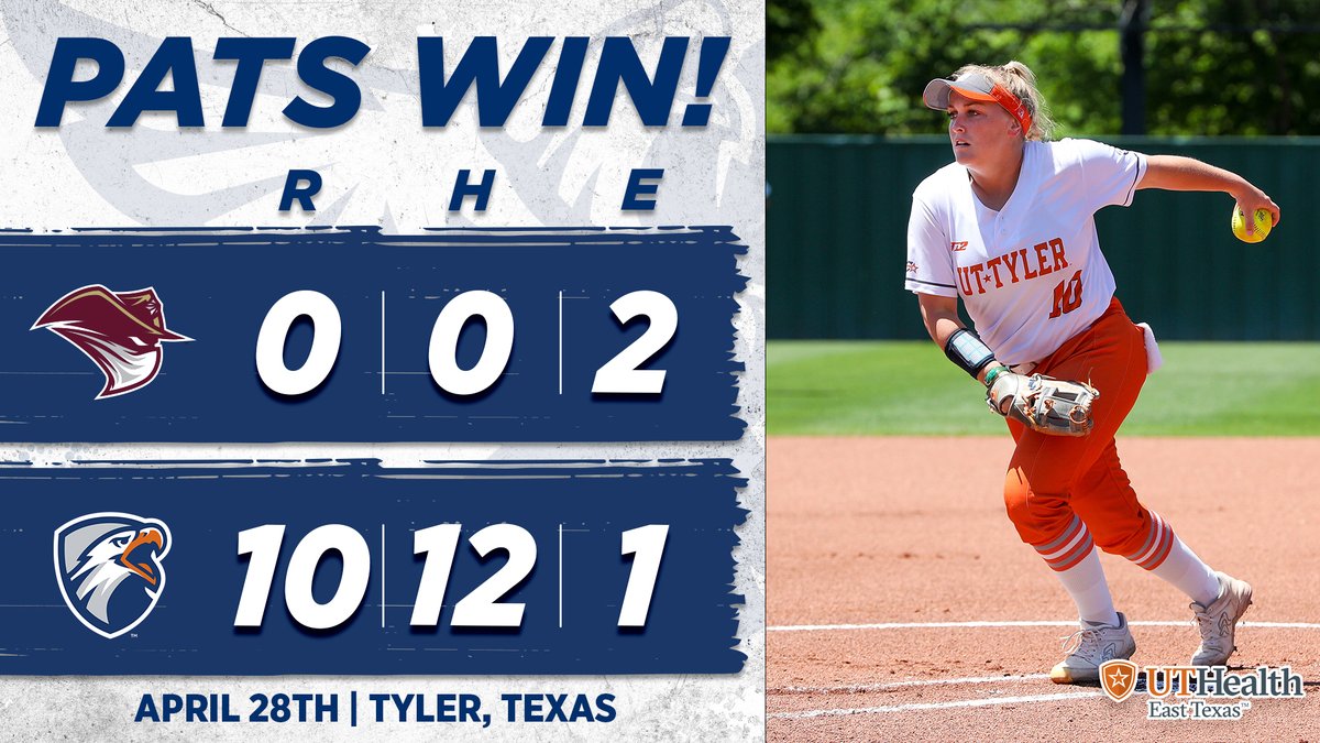 uttylerpatriots's tweet photo. SB | PATS WIN!

Tatum Goff throws a no-hitter, Michelle Arias finishes with four RBI and #3 @Patriot_sb clinches the outright 2023 Lone Star Conference Regular Season Championship with a game one win over Texas A&amp;M International!

#SWOOPSWOOP https://t.co/Akt9IV3yYZ