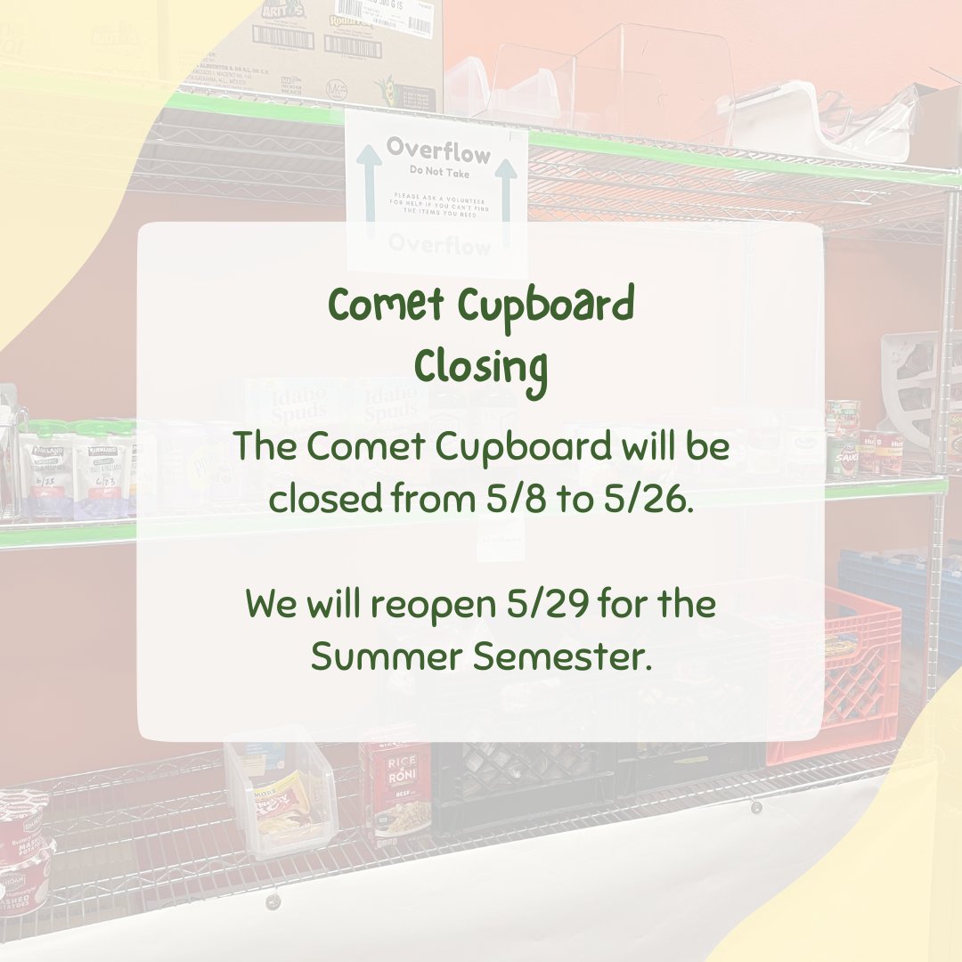 The Comet Cupboard is only open for one more week! During this last week, customers will be able to check out more items.  #HungerFreeUTD