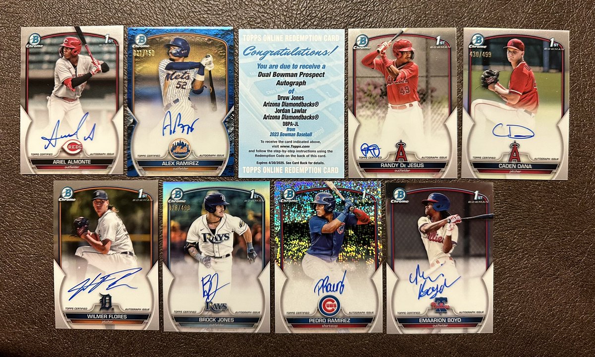 ringerhoff's tweet photo. Autos from my three Bowman jumbo hobby boxes led by Druw Jones and Jordan Lawlar dual auto https://t.co/rlVEP8yNgu