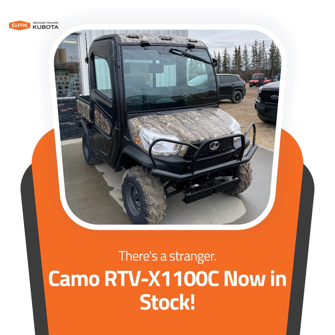GP_Kubota's tweet photo. Grande Prairie Kubota has the Kubota RTV-X1100C camo model in stock now. Get yours financed at 0% for 36 months and experience the power of Kubota. Come in today and check it out! #KubotaRTV #CamouflagedButNotHiding https://t.co/IGIVug7PdF