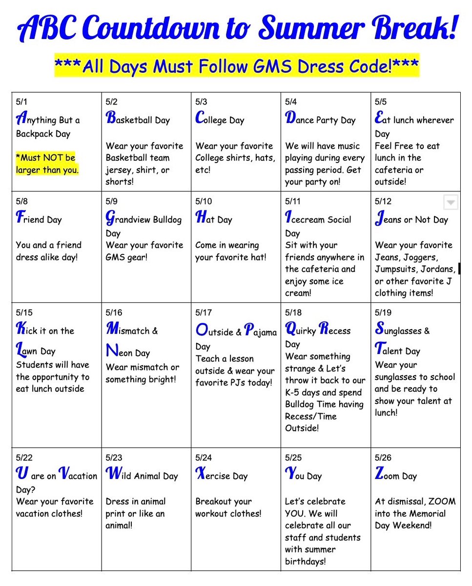 GrandviewMiddle's tweet image. Corrected ABC Countdown to Summer Break! #everyonesgrowingatgms #FutureReady #FutureStrong