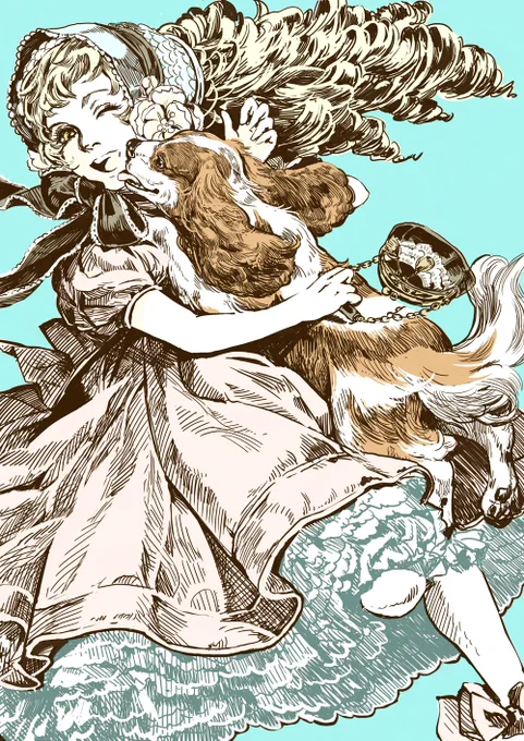 Dog Dress Hug Bow Flower Fur = Love ! ちょっと過去絵を漁っていたので投下。最近ツイッターではデフォルメキャラばかりあげておりますが、じつは、わりと細かいの描くのも好きな人なのでした。 #illustration