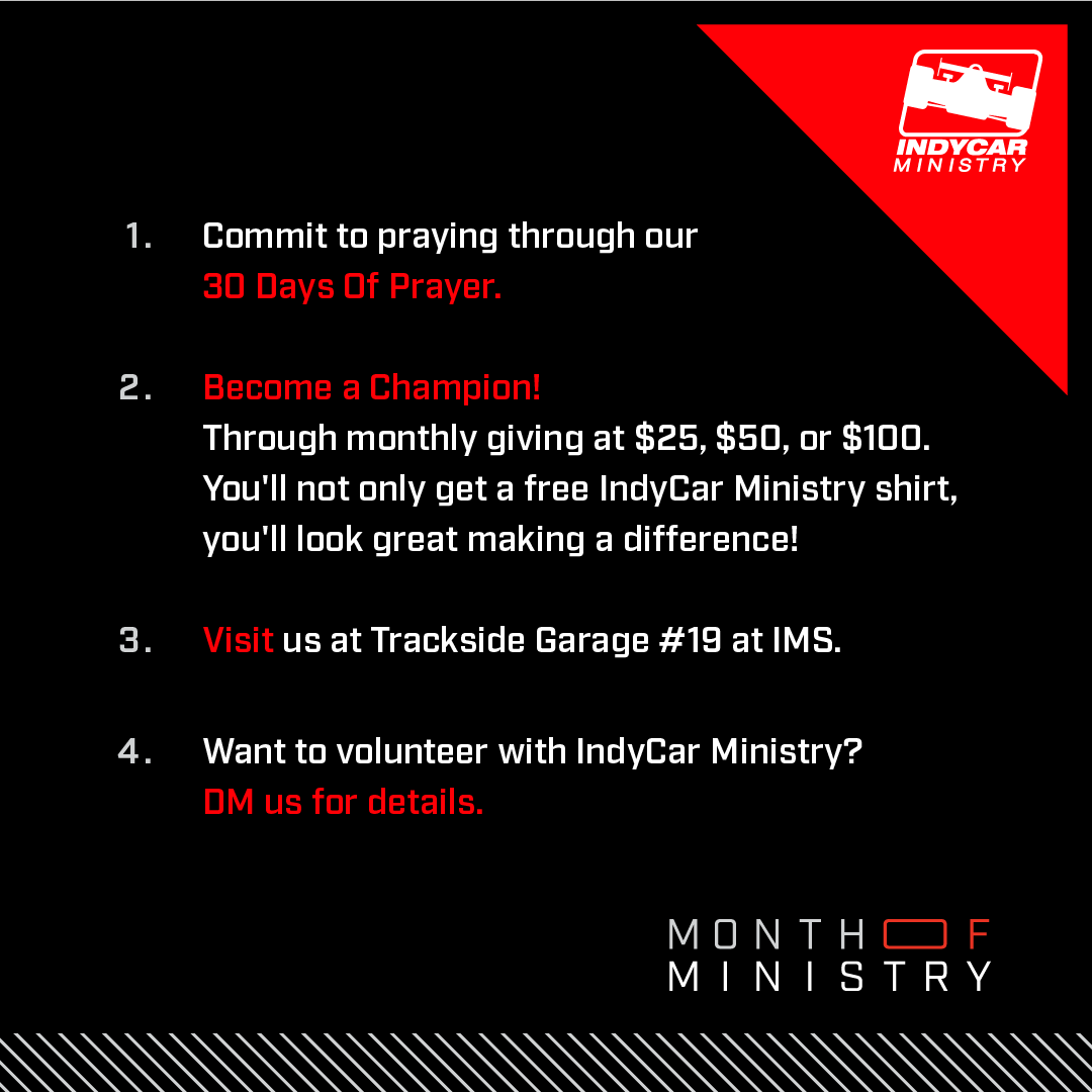 indycarministry's tweet photo. Today we officially enter the #MonthOfMinistry! Over the next four weeks we have some exciting ministry opportunities and initiatives that look to make an eternal impact right in the midst of open wheel racing! Won't you join by Praying, Giving, and Going!
See Thread: https://t.co/xQ1oyqj2Ak
