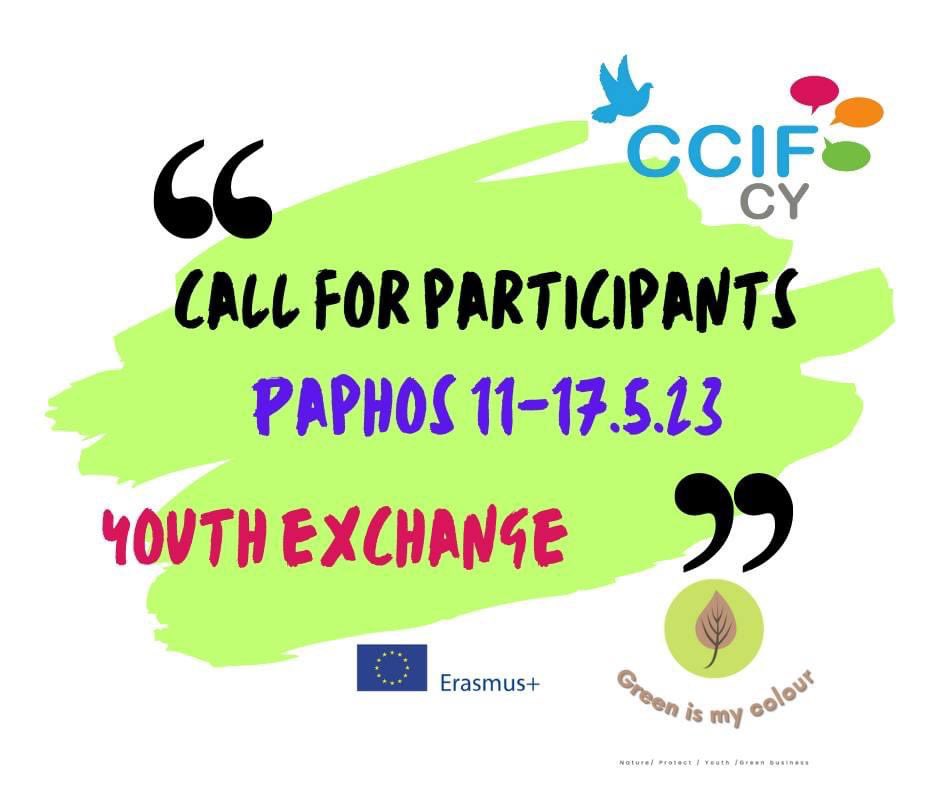 🫶👑🍃GREEN IS MY COLOUR
#erasmus #youthexchange in #paphoscyprus

🤣😍🤩Don't miss this opportunity if you are 16-30 y.o.
🫶👑🍃Come and join 20 youth from #croatia #italy #romania and #cyprus
ccifcyprus.com/green-is-my-co…

APPLY NOW:
forms.gle/6WJVe4zRswCtYj…