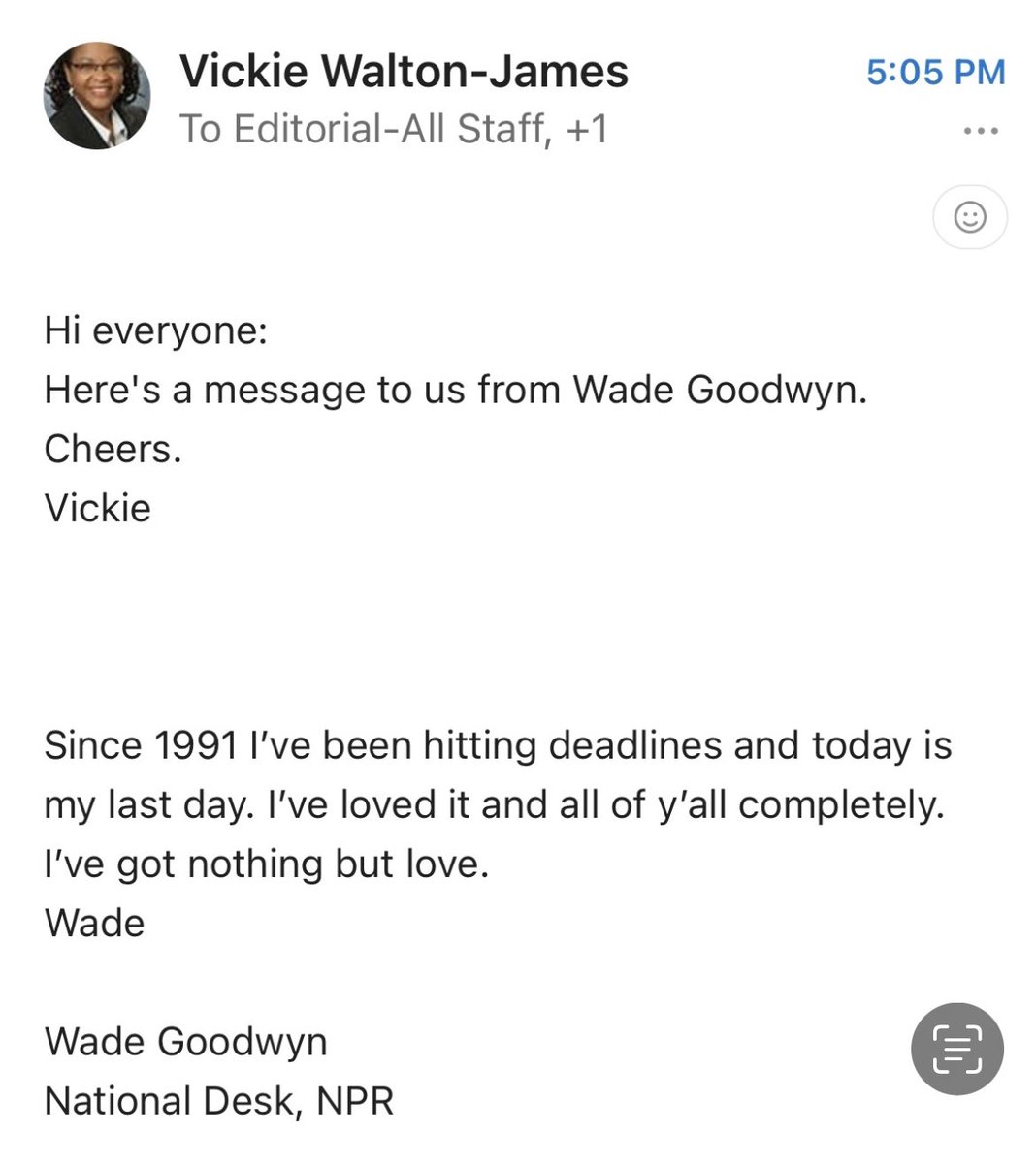 NPRinskeep's tweet image. In an all-staff memo, @wadegoodwyn, one of the great voices in the history of @NPR, drops the mic.