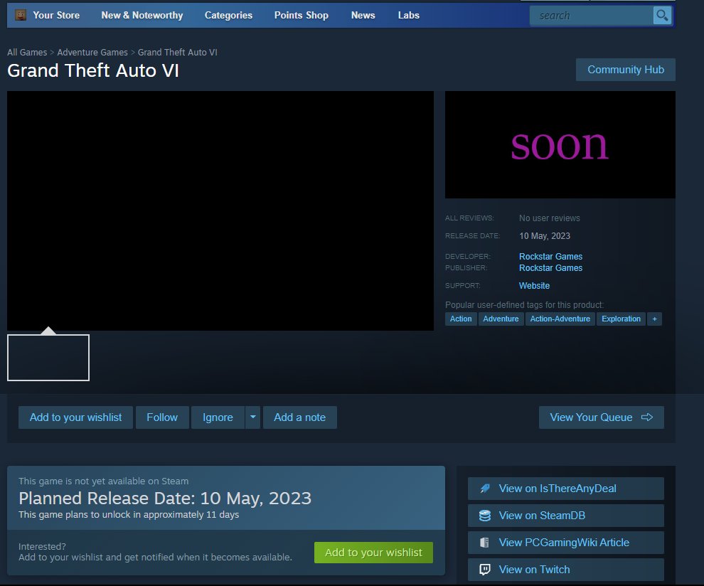Uma suposta página de Grand Theft Auto VI (GTA 6) com a indicação da Rockstar Games e com a informação que podemos ter mais revelações a 10 de maio apareceu na Steam.