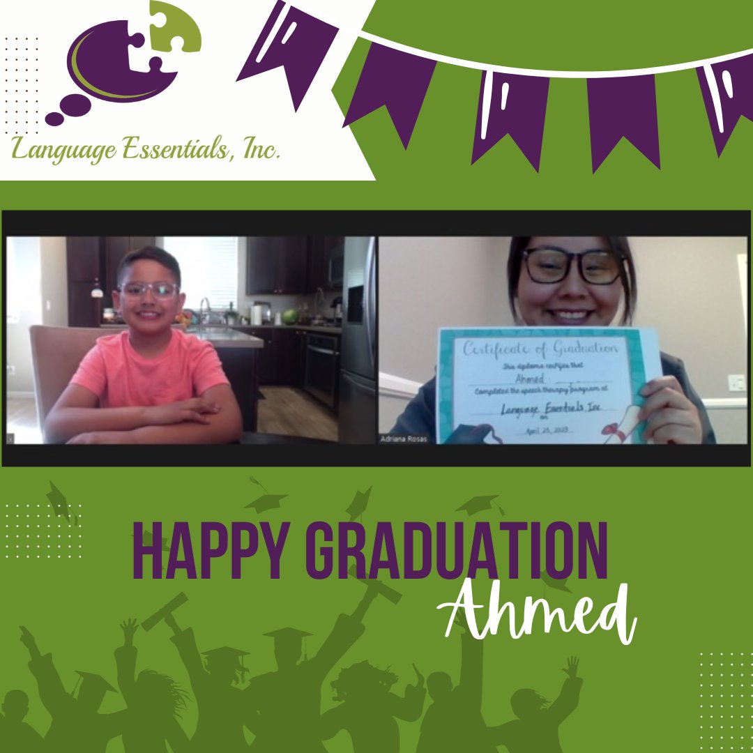 Speech_LE's tweet image. Congratulations on graduating speech, Ahmed! Another grad student from our therapist, Adriana. #speechlanguage #languageessentials #happygraduationday #speechgraduate #graduationday #teletherapy #SLP #OT #occupationaltherapy #childdevelopment