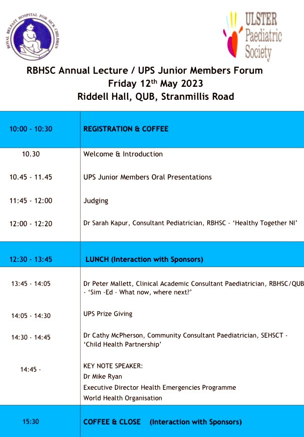 Kids Sim Ed team (@simedrbhsc) on Twitter photo RBHSC Annual Lecture /<a href="/ups_tweets/">UlsterPaediatricSoc</a> Junior Members Forum Friday 12th May ‘23 <a href="/QUBelfast/">Queen's University Belfast 🎓</a> Riddel Hall. Showcasing fabulous <a href="/NIPaedsTrainees/">NI Paeds trainees</a> <a href="/_NIMDTA/">NIMDTA</a> & 🌟Keynote speaker from <a href="/WHO/">World Health Organization (WHO)</a> <a href="/DrMikeRyan/">Mike Ryan</a>🌟-calling all <a href="/Foundation_NI/">NI Foundation School</a> <a href="/RCPCHIreland/">RCPCHIreland</a> <a href="/BelfastTrust/">Belfast Trust</a> <a href="/ni_pear/">NI PEAR</a> <a href="/GPTrainingNI/">General Practice Training NI</a> <a href="/RCPI_news/">Royal College of Physicians of Ireland</a> RBHSC Annual Lecture /<a href="/ups_tweets/">UlsterPaediatricSoc</a> Junior Members Forum Friday 12th May ‘23 <a href="/QUBelfast/">Queen's University Belfast 🎓</a> Riddel Hall. Showcasing fabulous <a href="/NIPaedsTrainees/">NI Paeds trainees</a> <a href="/_NIMDTA/">NIMDTA</a> & 🌟Keynote speaker from <a href="/WHO/">World Health Organization (WHO)</a> <a href="/DrMikeRyan/">Mike Ryan</a>🌟-calling all <a href="/Foundation_NI/">NI Foundation School</a> <a href="/RCPCHIreland/">RCPCHIreland</a> <a href="/BelfastTrust/">Belfast Trust</a> <a href="/ni_pear/">NI PEAR</a> <a href="/GPTrainingNI/">General Practice Training NI</a> <a href="/RCPI_news/">Royal College of Physicians of Ireland</a>