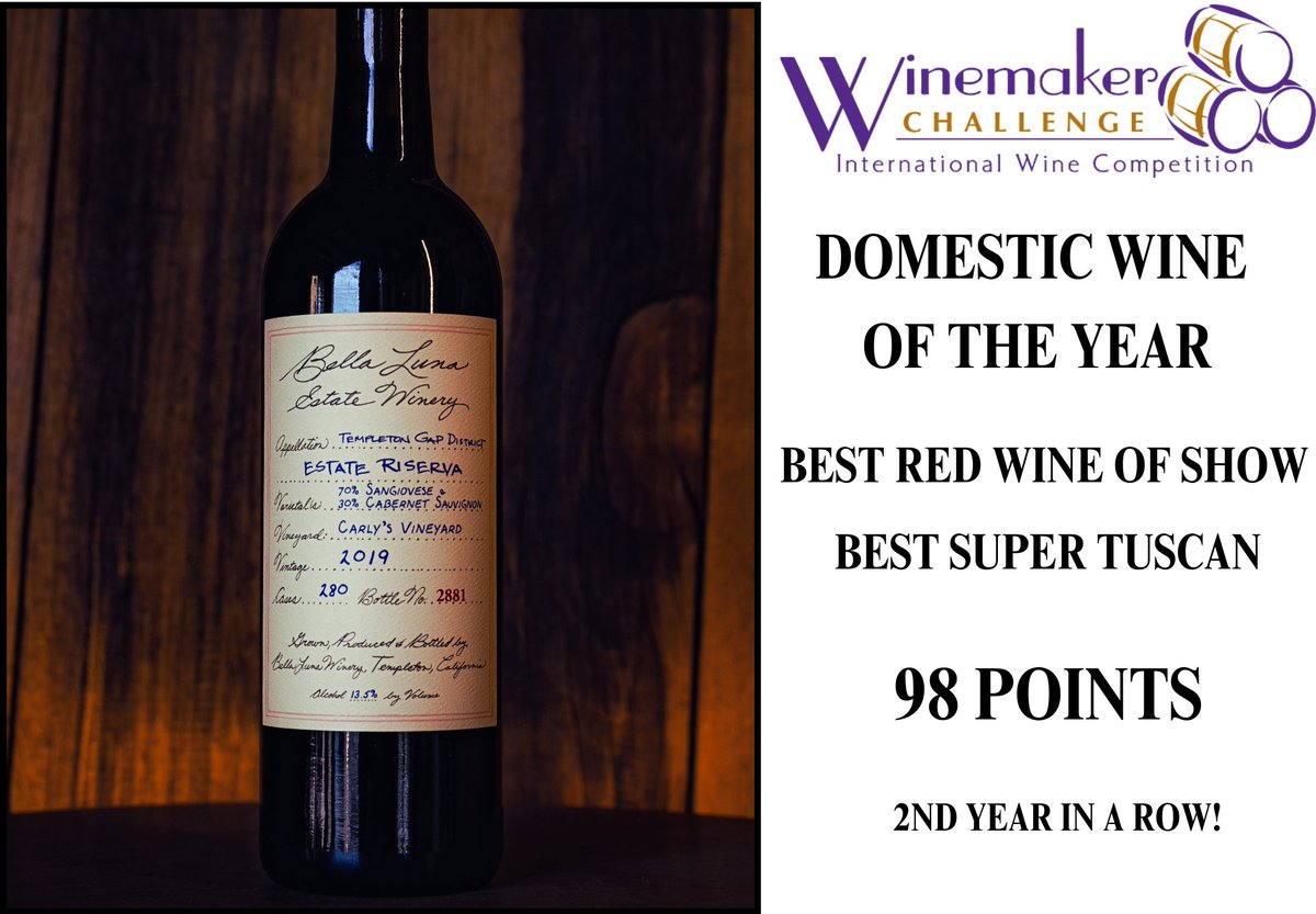bellalunawine's tweet photo. What is better than getting Domestic Wine of the Year?
Getting it TWICE!
On back to back vintages...that are entirely different...we are very humbled and happy to be celebrating with our 2019 Estate Riserva 🍷
#bellalunawinery  #winemakerchallenge  #98points #wineoftheyear https://t.co/H5DsCAF7QU
