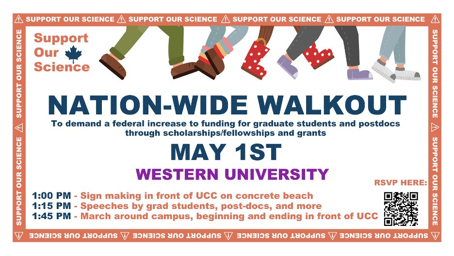 1/ Did you know that Canada's scholarships for master's and PhD students haven't increased since 2003? Join #WesternU students this Monday as we protest for increased federal research funding. We will meet in front of the University Community Centre (UCC) at 1:00 pm.