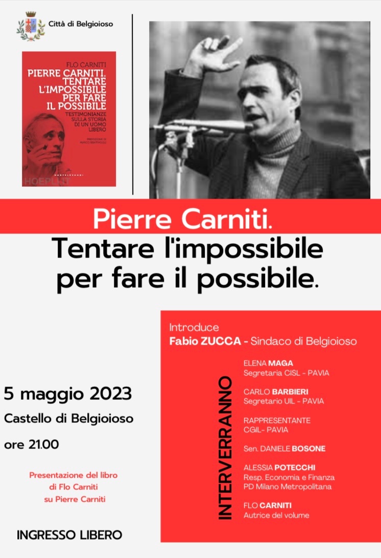AlessiaPotecchi's tweet image. 📌Venerdì 5 maggio alle ore 21.00 nella splendida cornice del Castello di #Belgioioso parteciperò alla presentazione del libro della cara amica Flo Carniti dedicato alla vita e all’impegno del fratello Pierre Carniti. 📕 Vi aspetto! 🍀