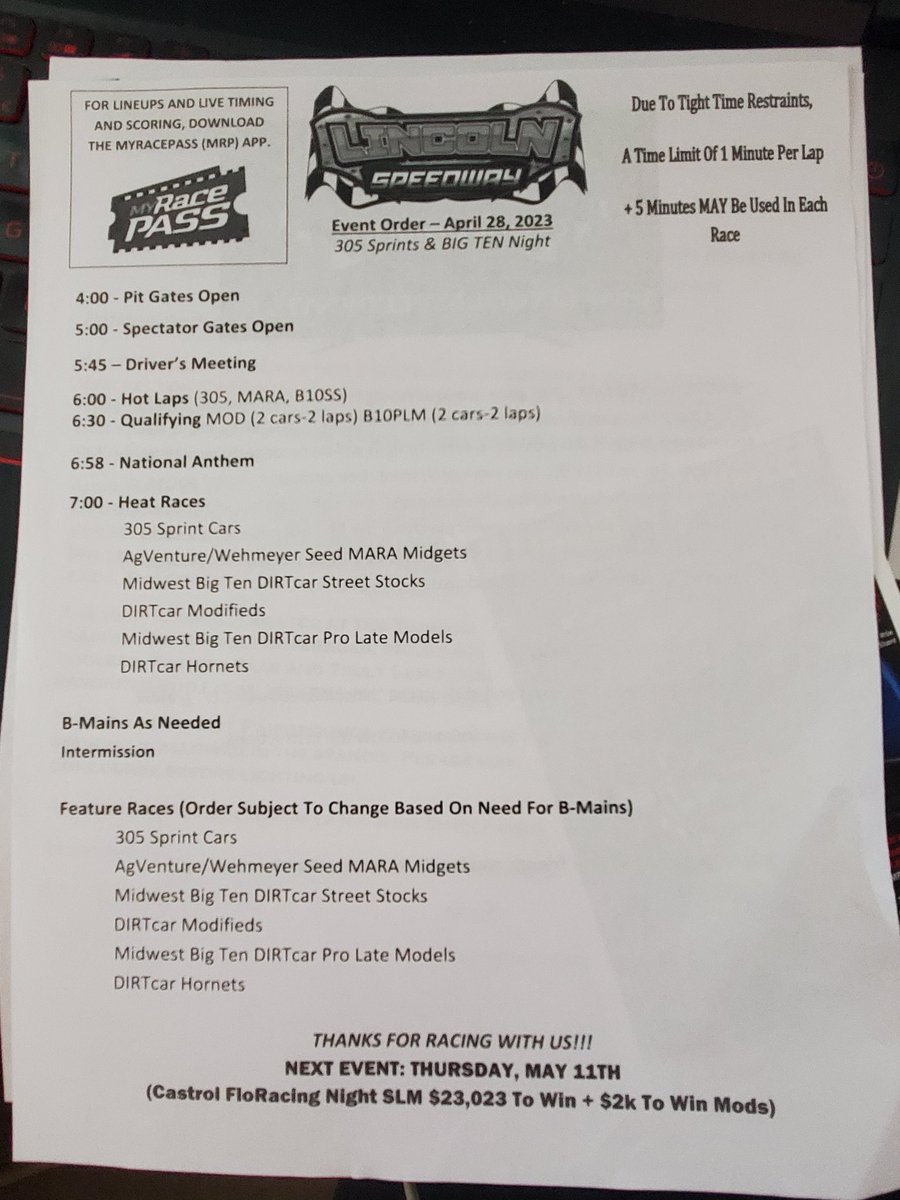 Order of events for <a href="/LincolnILSpdwy/">Lincoln Speedway</a> tonight.
