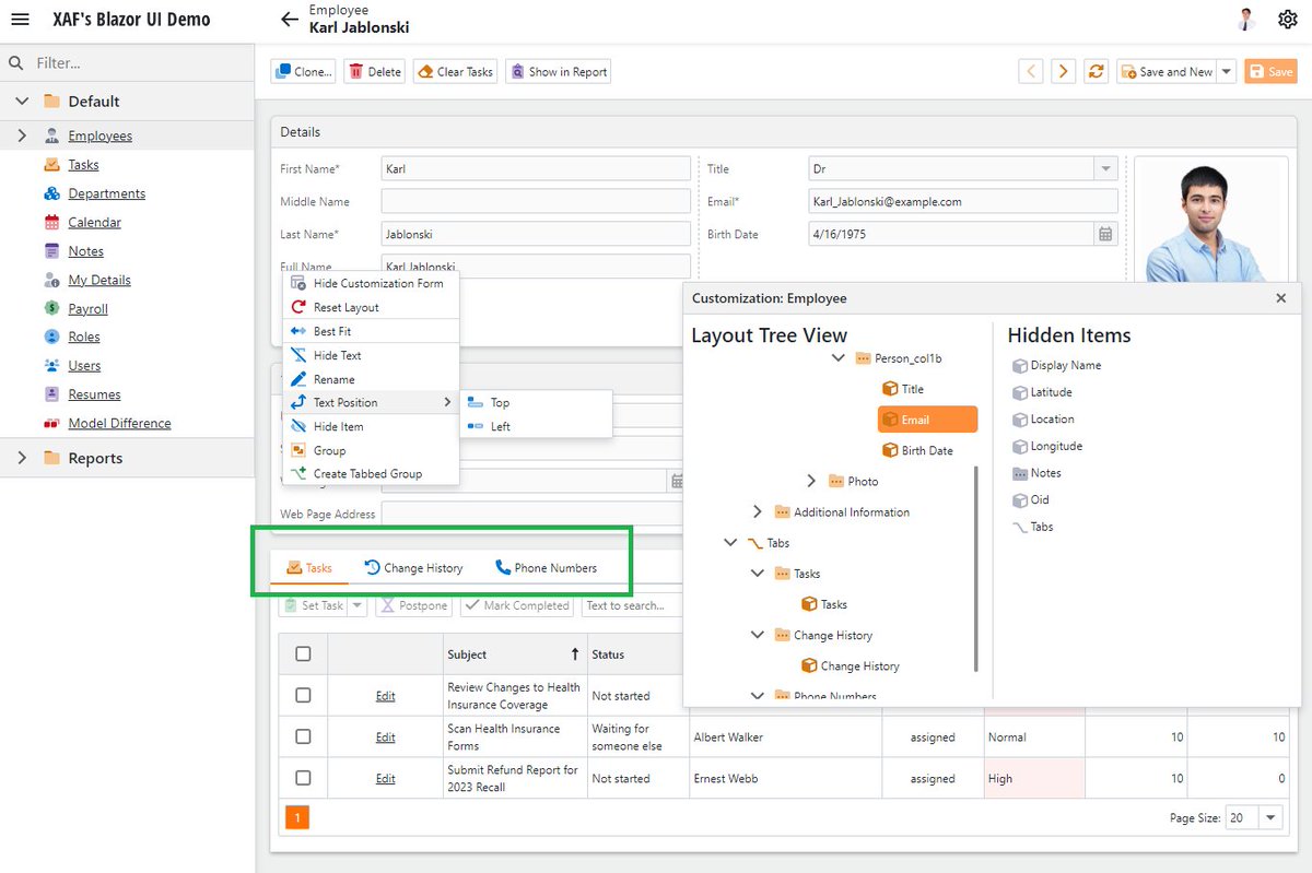 DevExpress_XAF's tweet photo. #DevExpress #XAF #Blazor v23.1 restores the last active tab in a layout between DetailView openings, just like in WebForms.
https://t.co/NEYk9VCxI2

#AspNetCore #EFCore #EF #LOB #LowCode #RAD #ApplicationFramework #usability https://t.co/TYP7posXnW