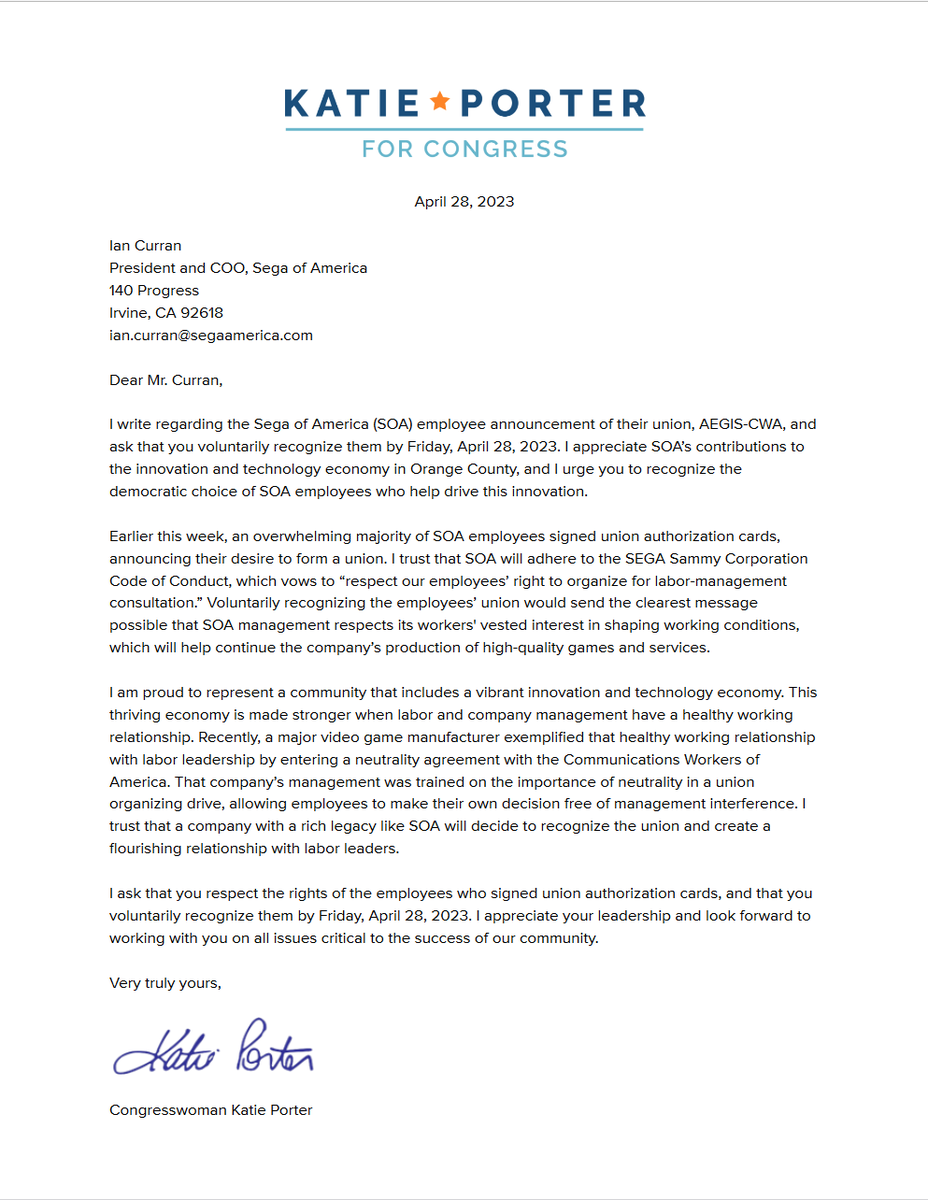 takesAEGIS's tweet photo. We’re grateful for the support of @RepKatiePorter, who has sent our CEO a letter urging Sega of America to voluntarily recognize AEGIS-CWA!

We hope leadership hears the voices of employees, fans, and elected officials by voluntarily recognizing us by today! ✊ #UnionizeSEGA https://t.co/WioWqMGlbq