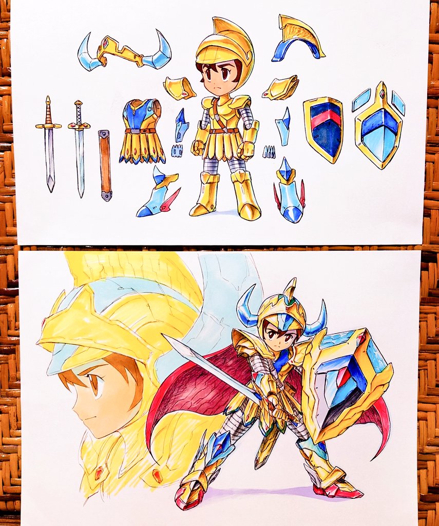 今日のアナログ絵再掲はGWにちなんでゴールドナイトのギルを二枚! 上の絵は『こんなフィギュアが欲しいんです!』と描いた絵で下の絵は丑年用に描いたアレンジ版のギル! #アナログ絵 #namco #ドルアーガの塔