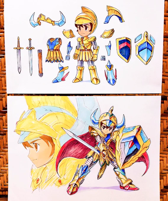 今日のアナログ絵再掲はGWにちなんでゴールドナイトのギルを二枚! 上の絵は『こんなフィギュアが欲しいんです!』と描いた絵で下の絵は丑年用に描いたアレンジ版のギル! #アナログ絵 #namco #ドルアーガの塔