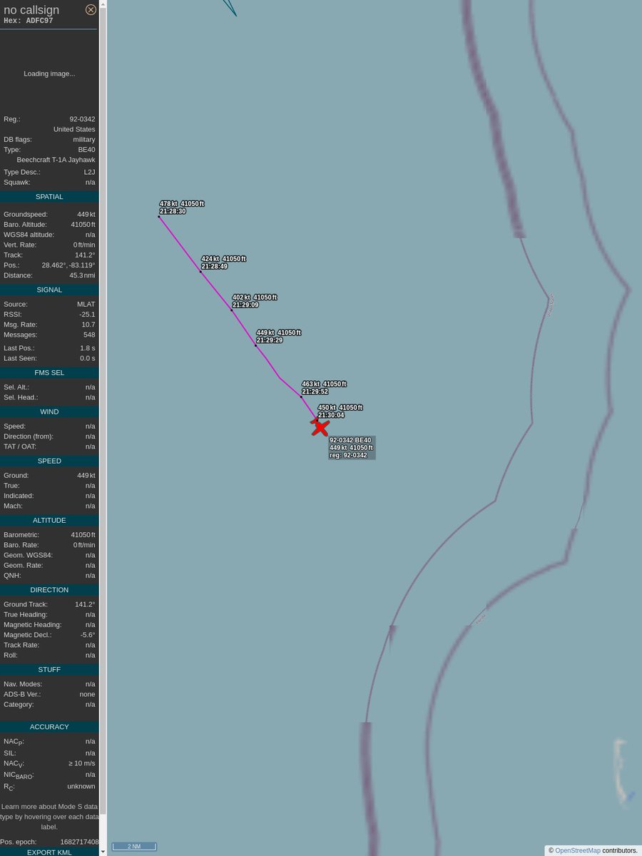 KTPAtweeter's tweet image. #PlaneAlert ICAO: #ADFC97 Tail: #920342 
Owner: #USAF
Aircraft: #Beech T-1A Jayhawk
2023/04/28 17:28:37
#BE40 #USAF #TrainingWheels 
globe.adsbexchange.com/?icao=ADFC97&amp;amp;s…