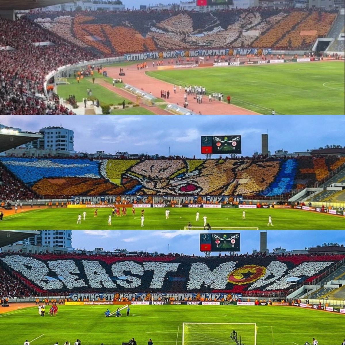 Juezcentral's tweet photo. Hoy, la hinchada del Wydad de Casablanca recibió a su equipo con 3 tifos antes del partido vs Simba por la Champions Africana: la transformación de Gokú en Super Saiyajin. TOP. https://t.co/oVzdIMn3km