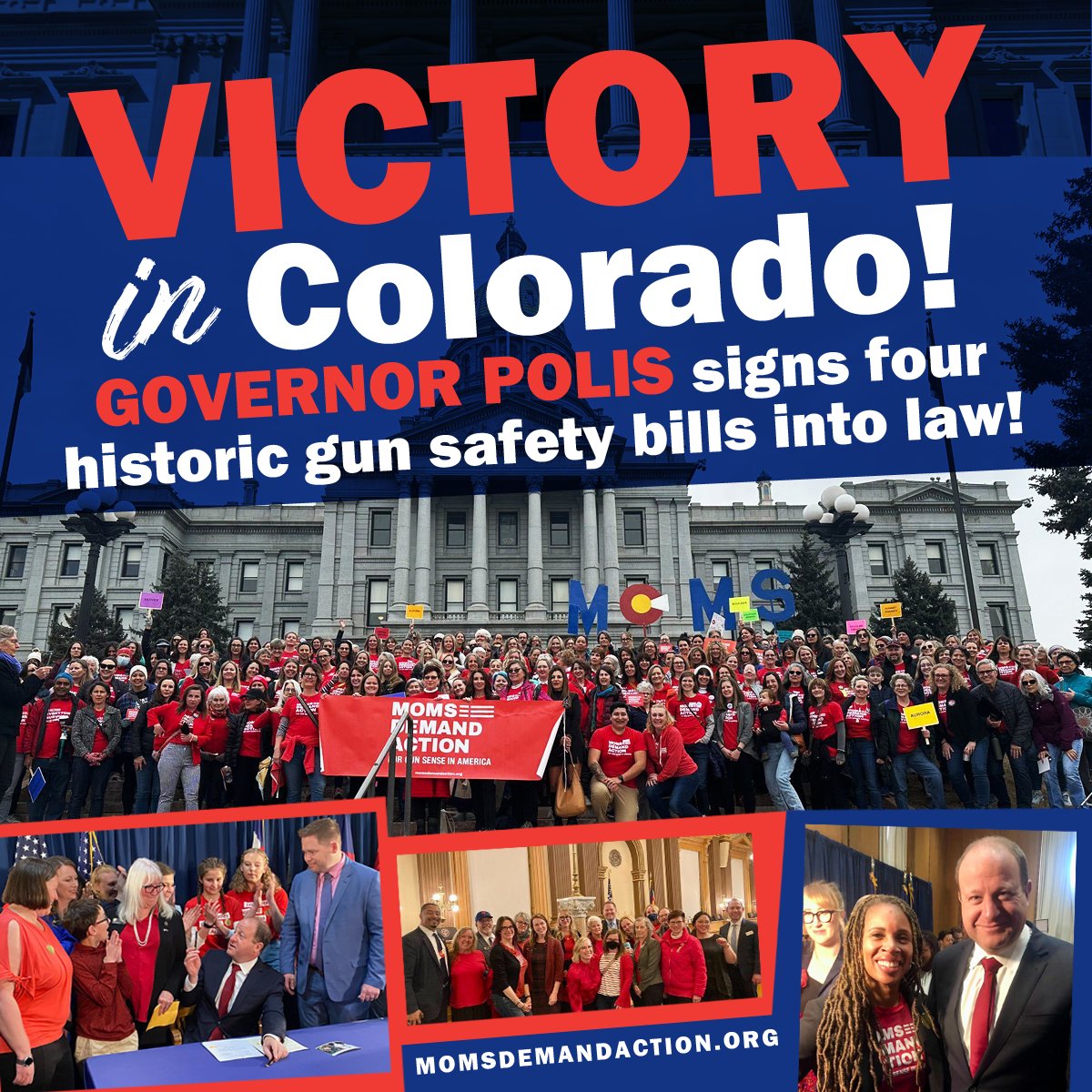 MomsDemand's tweet photo. VICTORY! @GovofCO Jared Polis signed four critical gun safety bills into law which strengthen Colorado’s Extreme Risk law, raise the age for purchase of a firearm, hold the gun industry accountable, and create a mandatory waiting period for purchasing a firearm. #COLeg https://t.co/kANAgtPx8S