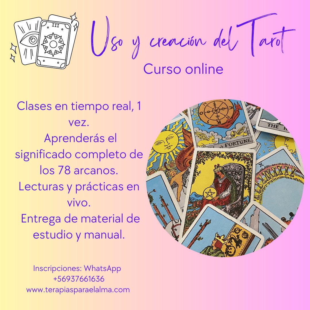 almaterapi's tweet photo. 🌟🌟🌟Curso "Uso y creación del Tarot"🌟🌟🌟
🌟 Inicio:  Lunes 05 de Junio de 2023, desde 19 a 21 hrs (Hora de Chile)  🗓
🌟 Duración: 6 meses, 1 clase x semana ⏳
🌟 Clases online a través de zoom con grabación de respaldo👩🏻‍💻
🌟 Certificado por Centro Terapias para el Alma📜 https://t.co/foGZTn3JsH