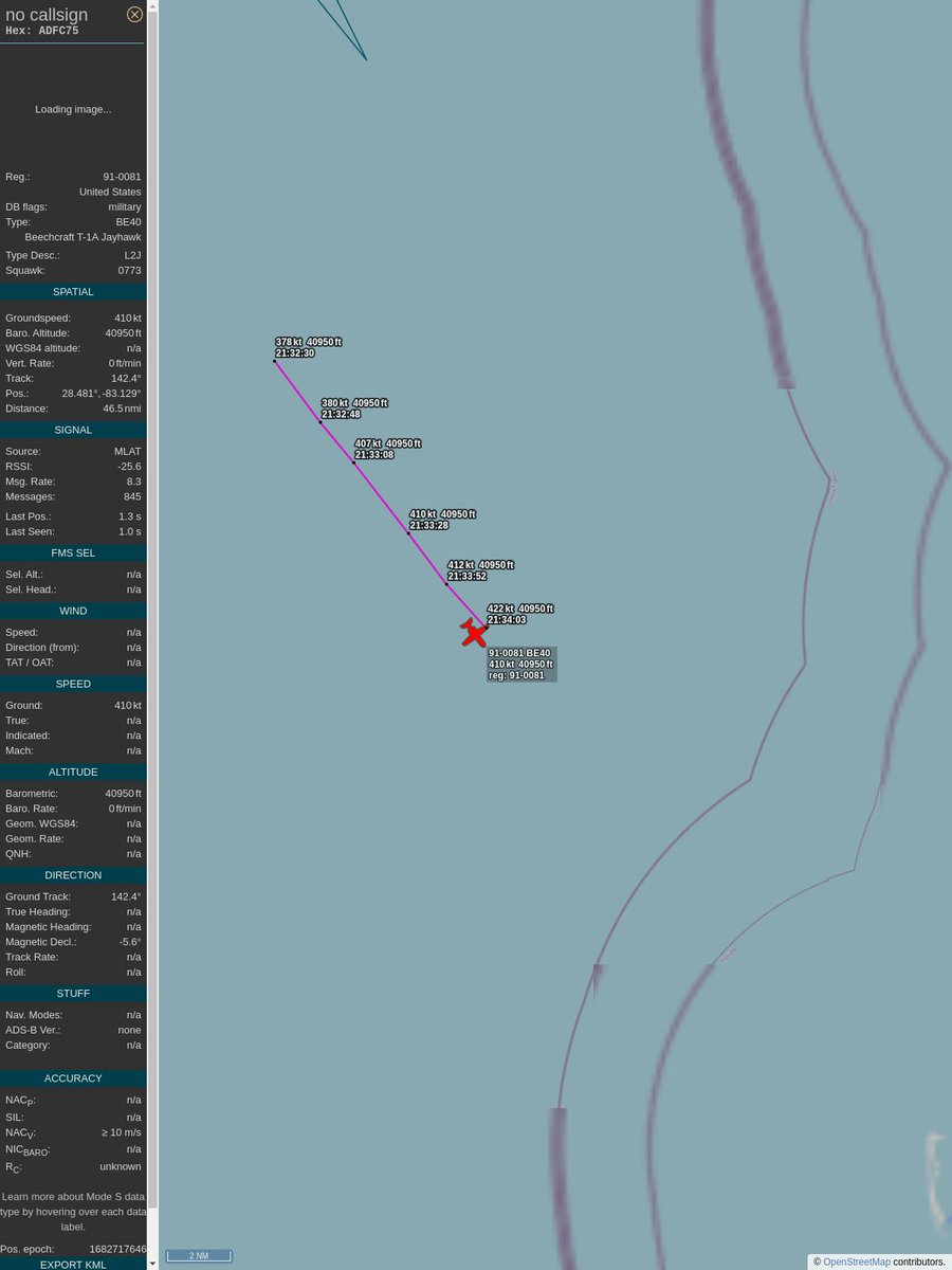 KTPAtweeter's tweet image. #PlaneAlert ICAO: #ADFC75 Tail: #910081 
Owner: #USAF
Aircraft: #Beech T-1A Jayhawk
2023/04/28 17:33:17
#BE40 #USAF #TrainingWheels 
globe.adsbexchange.com/?icao=ADFC75&amp;amp;s…