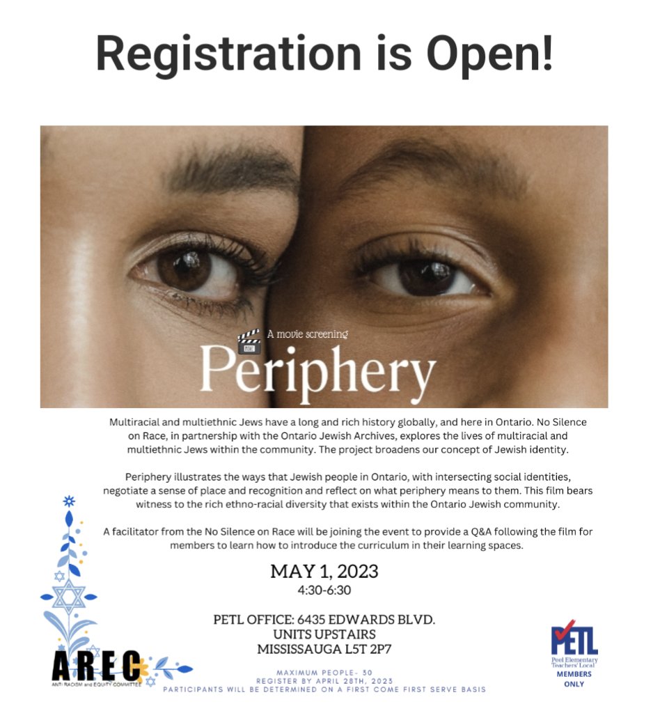 MsSade2's tweet photo. *For PETL members only

As we begin Jewish heritage month, this facilitated movie screening will discuss what it is like being being racialized and Jewish. 

https://t.co/E3hXcykGJy 

#ETFO  #ETFOPeel #AREC https://t.co/RyqEpzgpTh