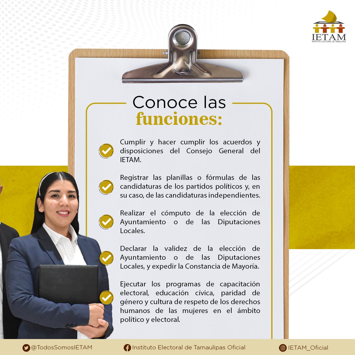 TodosSomosIETAM's tweet photo. Próximamente📣 | El #IETAM iniciará el procedimiento de selección y designación de Consejeras y Consejeros Municipales y Distritales.

🚨 Mantente informado

📌 Conoce sus funciones 👇🏼

#Tamaulipas #DEOLE https://t.co/eH7sUISFy7
