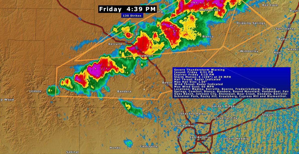 wxprobrian's tweet photo. 4:39PM: Severe Thunderstorm Warning just outside of Bexar county. Large hail and damaging winds associated with these storms. They continue to move east to southeast at 30 mph. https://t.co/j9Twph6OhY
