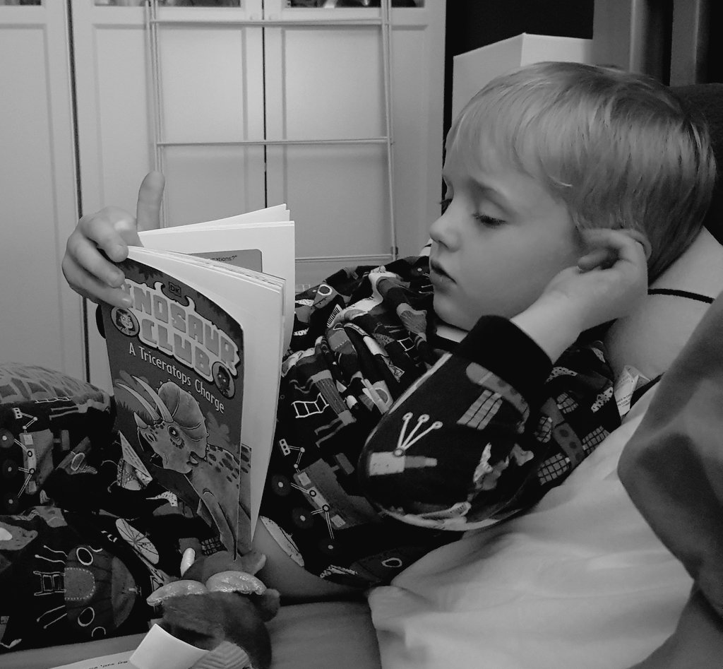 Yes it's gone half ten 😴... yes he's still reading! 😳 #dinosaurclub #hooked @JaneClarkeWrite @Munkey_Pants ❤📚🦖🦕