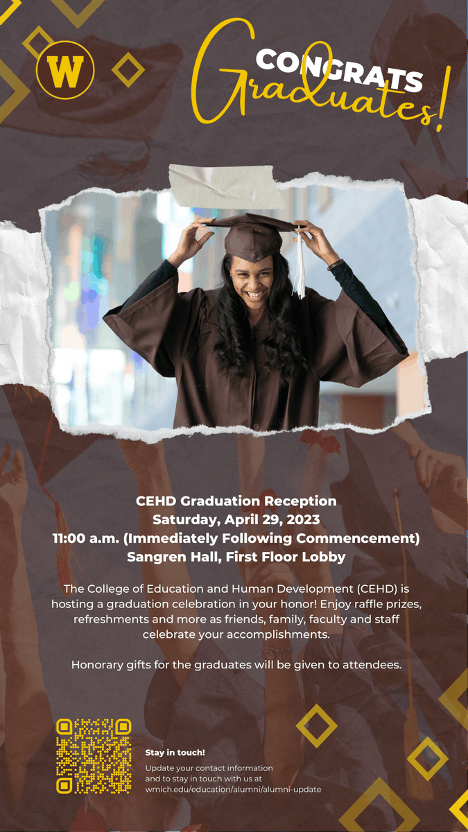 TRIO_FESP's tweet photo. Graduates there will be a CEHD Graduation Reception right after the 9 a.m. commencement ceremony on 4/29/2023 in Sangren Hall's first floor lobby beginning at 11 a.m.! https://t.co/N5ZGH7tgH8