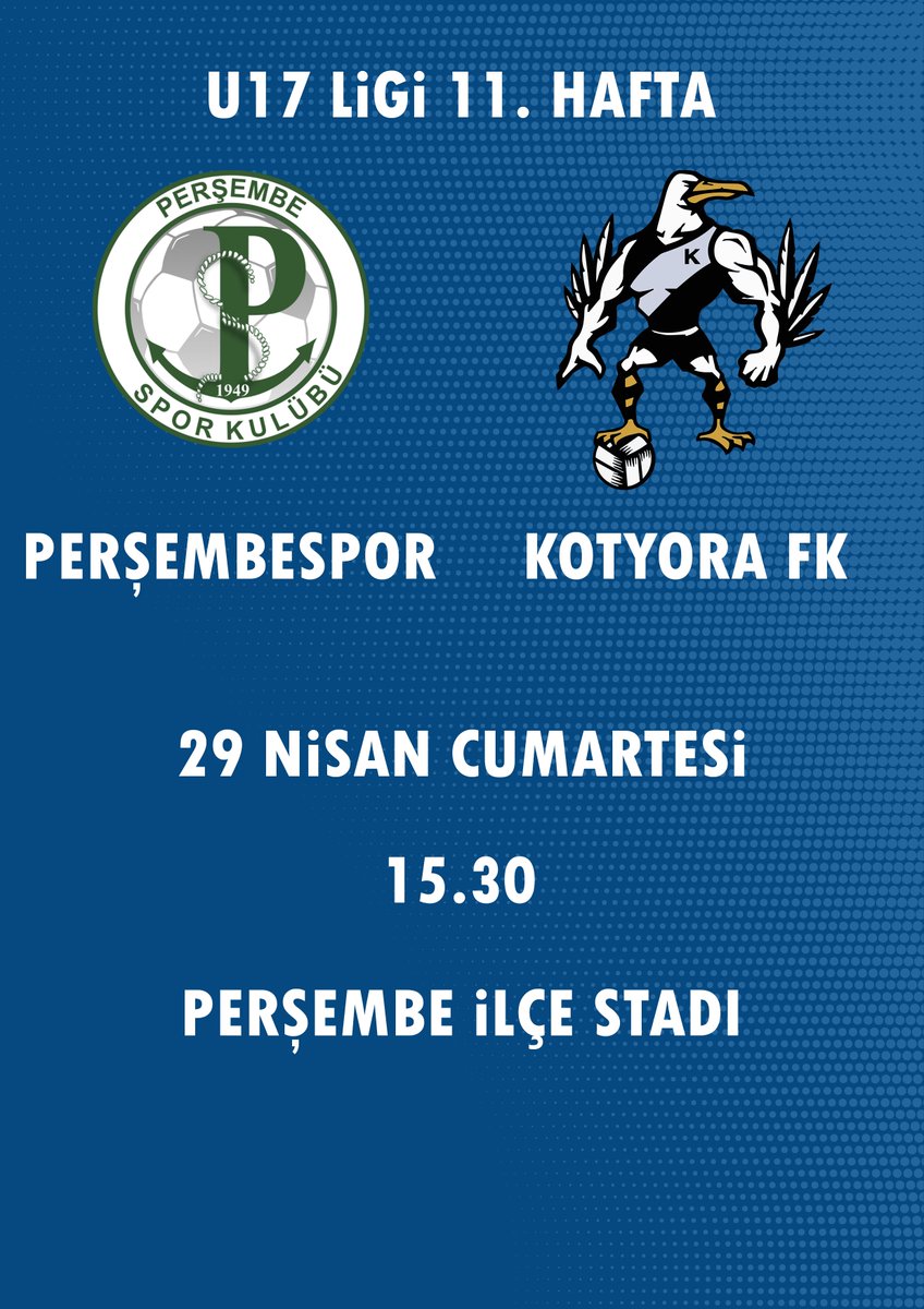 🔥U17 Ligi 11. Hafta🔥
⚽️Perşembespor (U17) - KOTYORA FK (U17)
🗓️29 Nisan Cumartesi
⏱️15.30
🏟️Perşembe İlçe Stadı