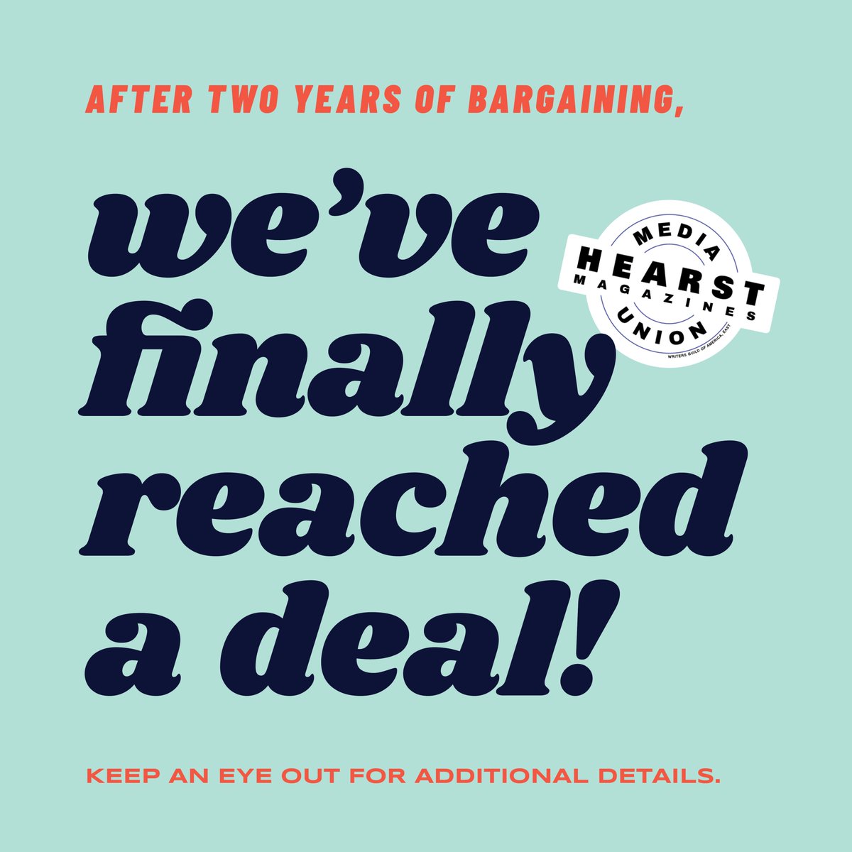 Hearst Magazines Media Union (@hearstunion) on Twitter photo BREAKING NEWS: We have reached a deal! Details tk, but we're so proud of our awesome bargaining committee, <a href="/WGAEast/">Writers Guild of America East</a> organizers and staff, and our entire unit for reaching a historic win not just for <a href="/Hearst/">HEARST</a> but for the entire media industry. Hearst has a union contract, world! BREAKING NEWS: We have reached a deal! Details tk, but we're so proud of our awesome bargaining committee, <a href="/WGAEast/">Writers Guild of America East</a> organizers and staff, and our entire unit for reaching a historic win not just for <a href="/Hearst/">HEARST</a> but for the entire media industry. Hearst has a union contract, world!
