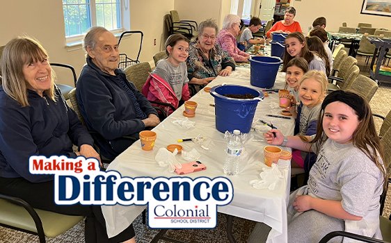 Colonial_SD's tweet photo. Third graders from the Plymouth Elementary Spirit Team and seniors from Brightview Senior Living recently dug into a hands-on spring project. They painted flower pots and planted seeds in honor of Earth Day. #MakingADifferenceinCSD Read more: https://t.co/lRmK8asALM https://t.co/TP9U0CPTmI