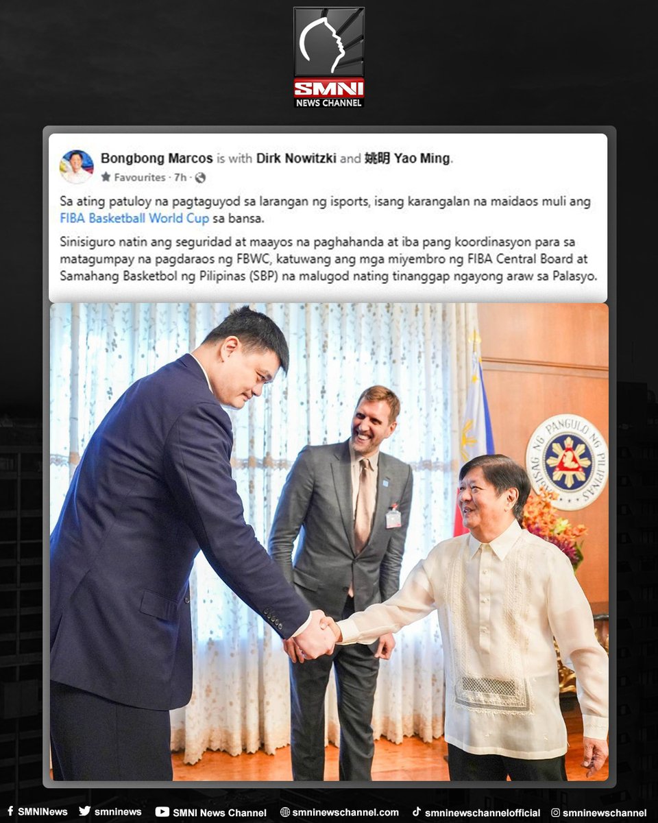 smninews's tweet photo. LOOK | President Ferdinand Marcos Jr. warmly receives NBA legends Yao Ming and Dirk Nowitzki at the Malacañan Palace.

The basketball superstars pay a visit ahead of the 2023 FIBA World Cup draw, hosted by the Philippines. https://t.co/IuDxvmIxKK