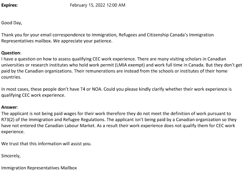 smeurrens's tweet photo. IRCC REP-2021-2157

Is a visiting scholar's work at a Canadian university eligible for the Canadian Experience Class if they do not get paid directly by the Canadian university, but rather from a  foreign school or institute in their home country? 

Answer - No. https://t.co/yNJgR8i3zG