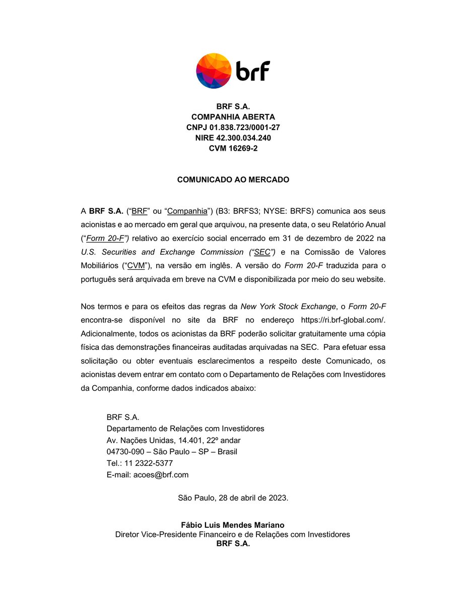 CalixtoCapital's tweet image. #BRFS | BRF SA | Comunicado ao Mercado