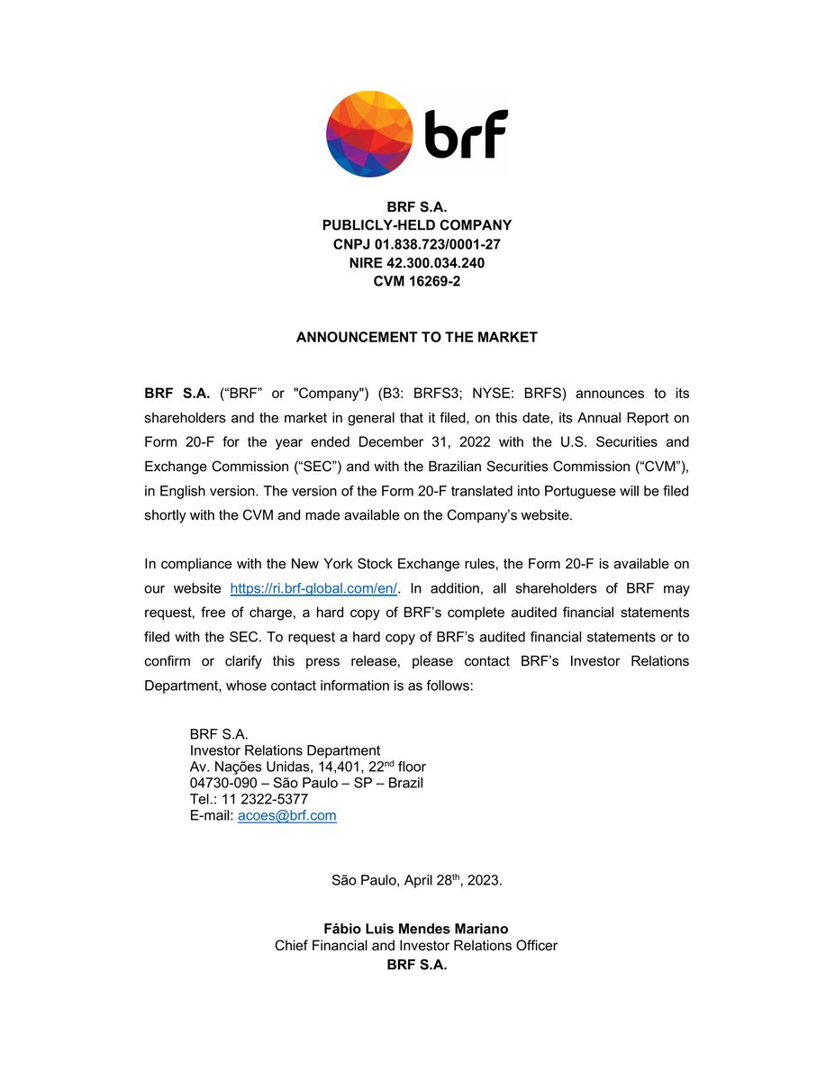 CalixtoCapital's tweet image. #BRFS | BRF SA | Comunicado ao Mercado